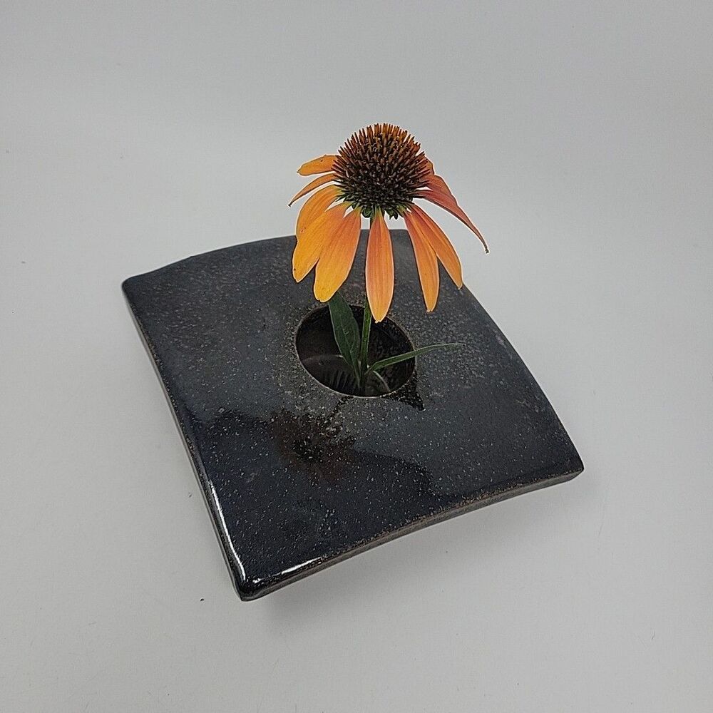 Hand Made Pottery Flower Frog Square 7" x 7" Brown w Spikes